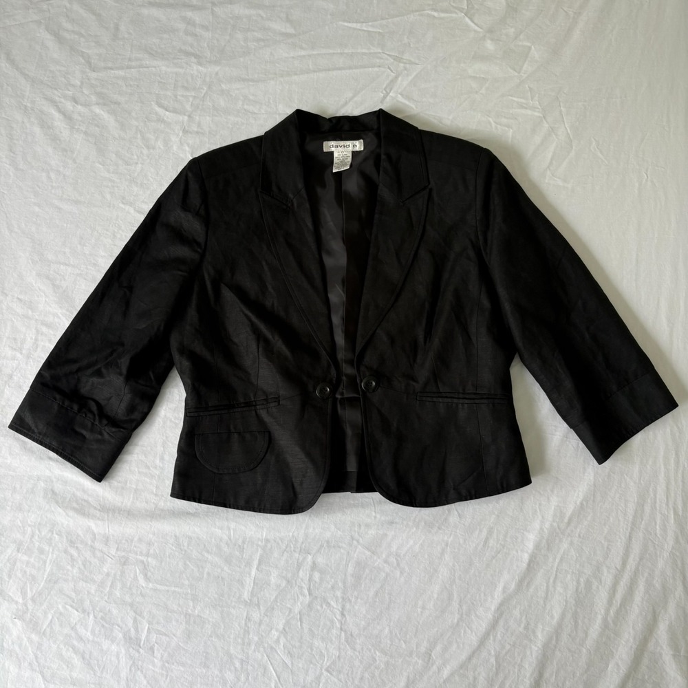 David N Womens Black Linen Double Breasted Blazer Jacket Size 6